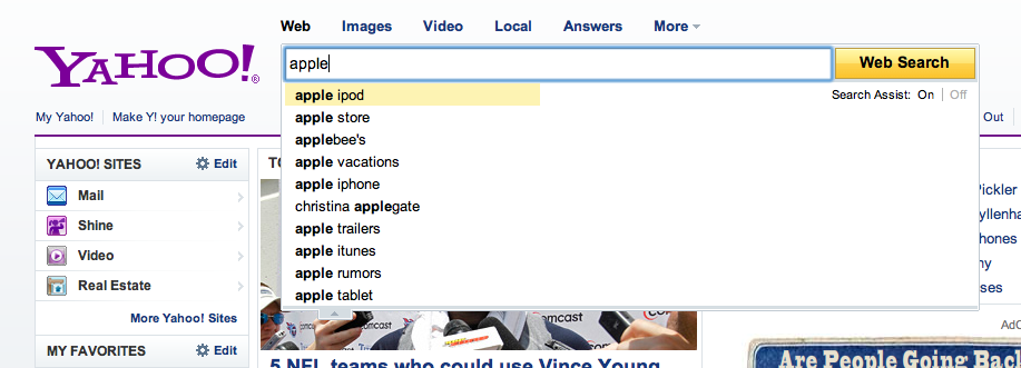 Screen shot of Yahoo! search suggest results